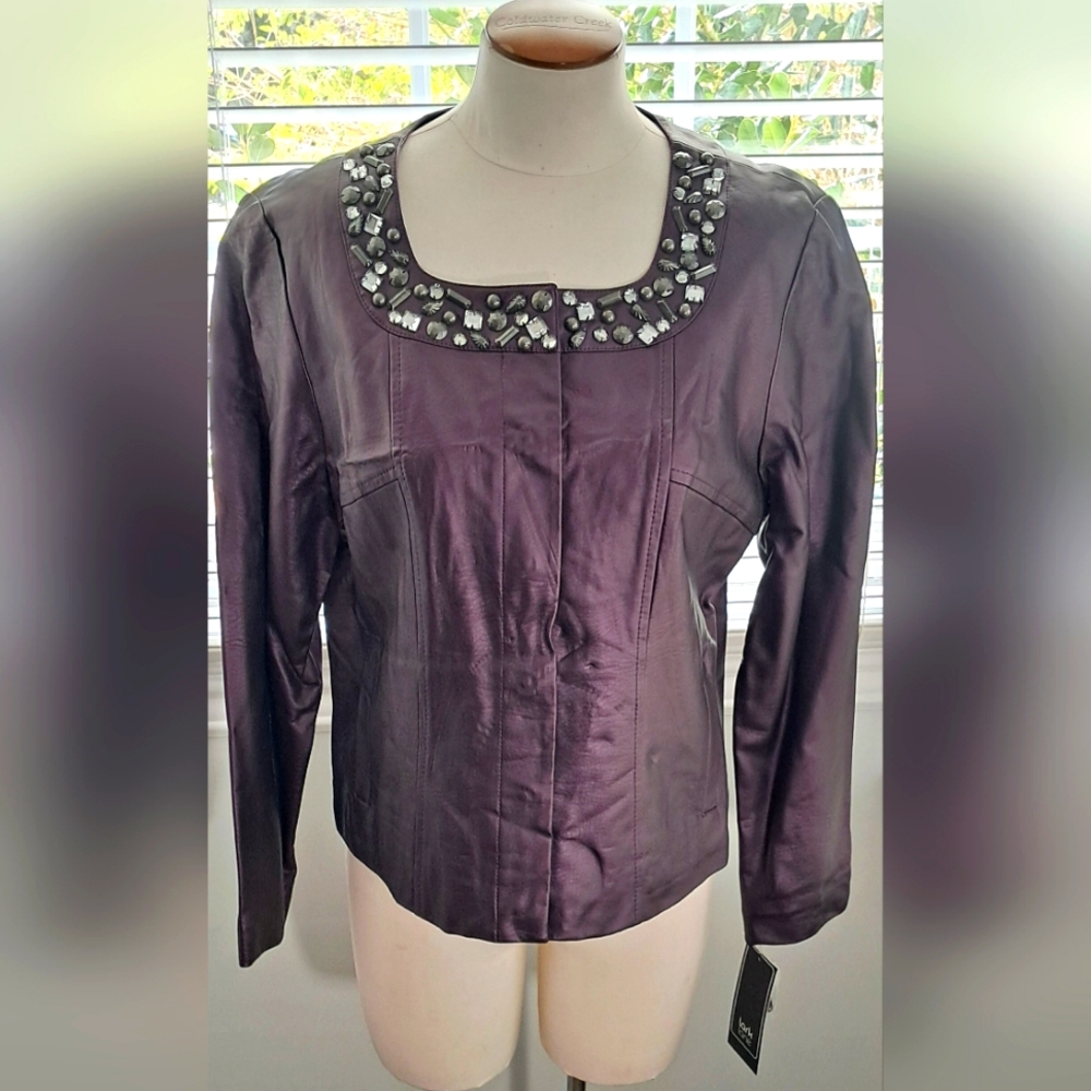 Lark Lane Eggplant Embelished Collar Faux Leather Jacket Sz 12 NWT